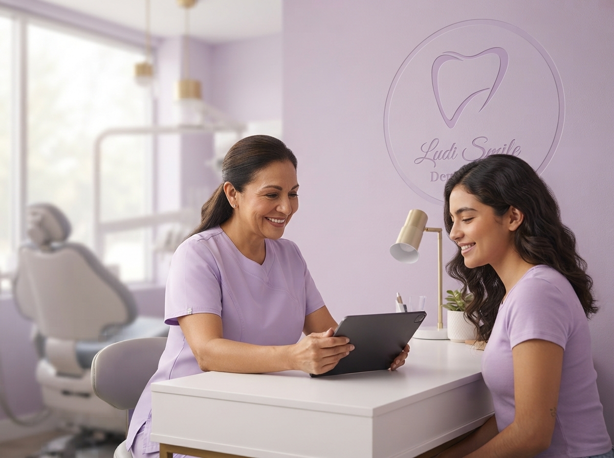 Dentista mujer amable explicando un plan de tratamiento a una paciente en un consultorio moderno